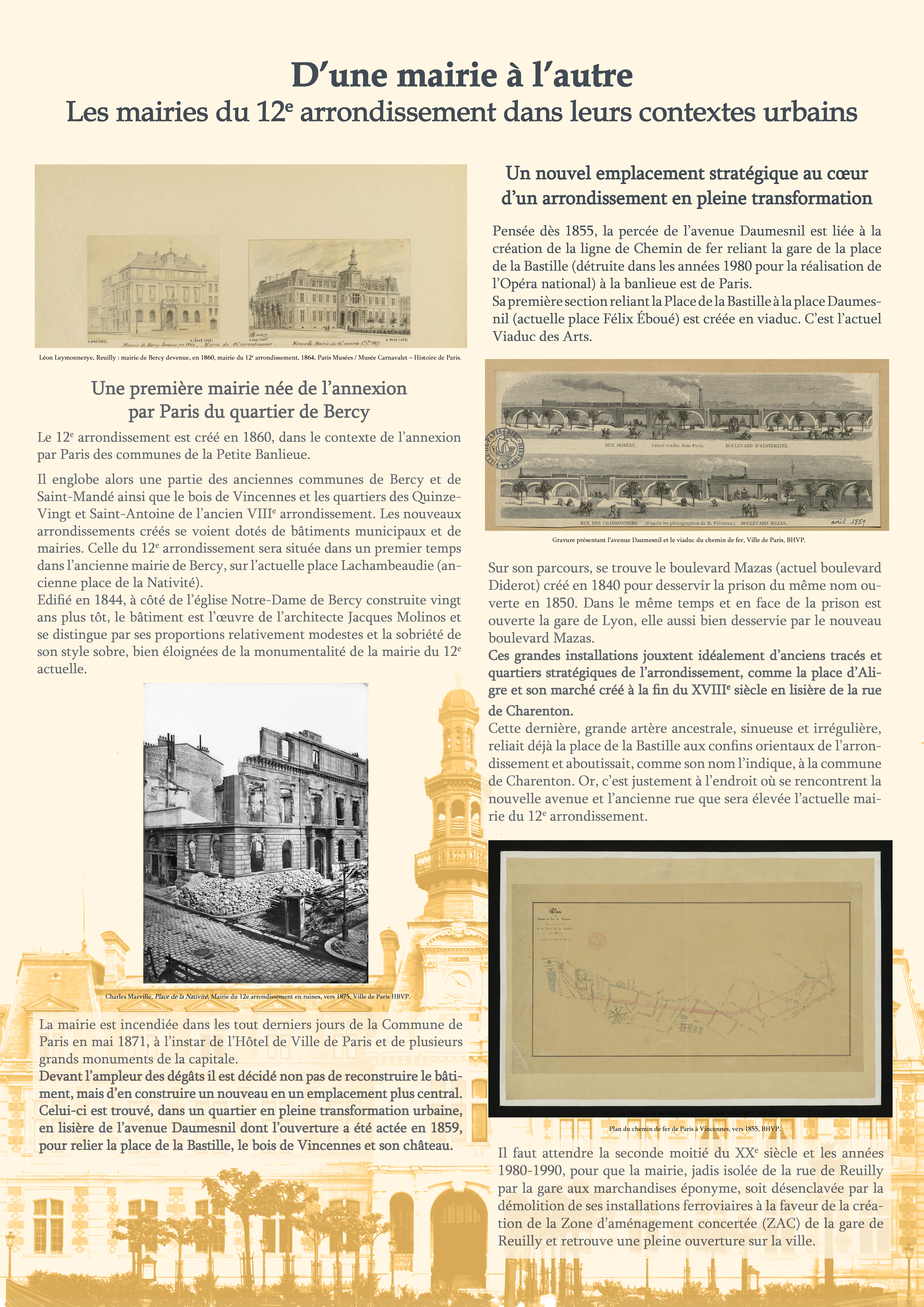 Panneaux retraçant l'histoire de la mairie du 12e, suite à l'incendie du 27 janvier.
