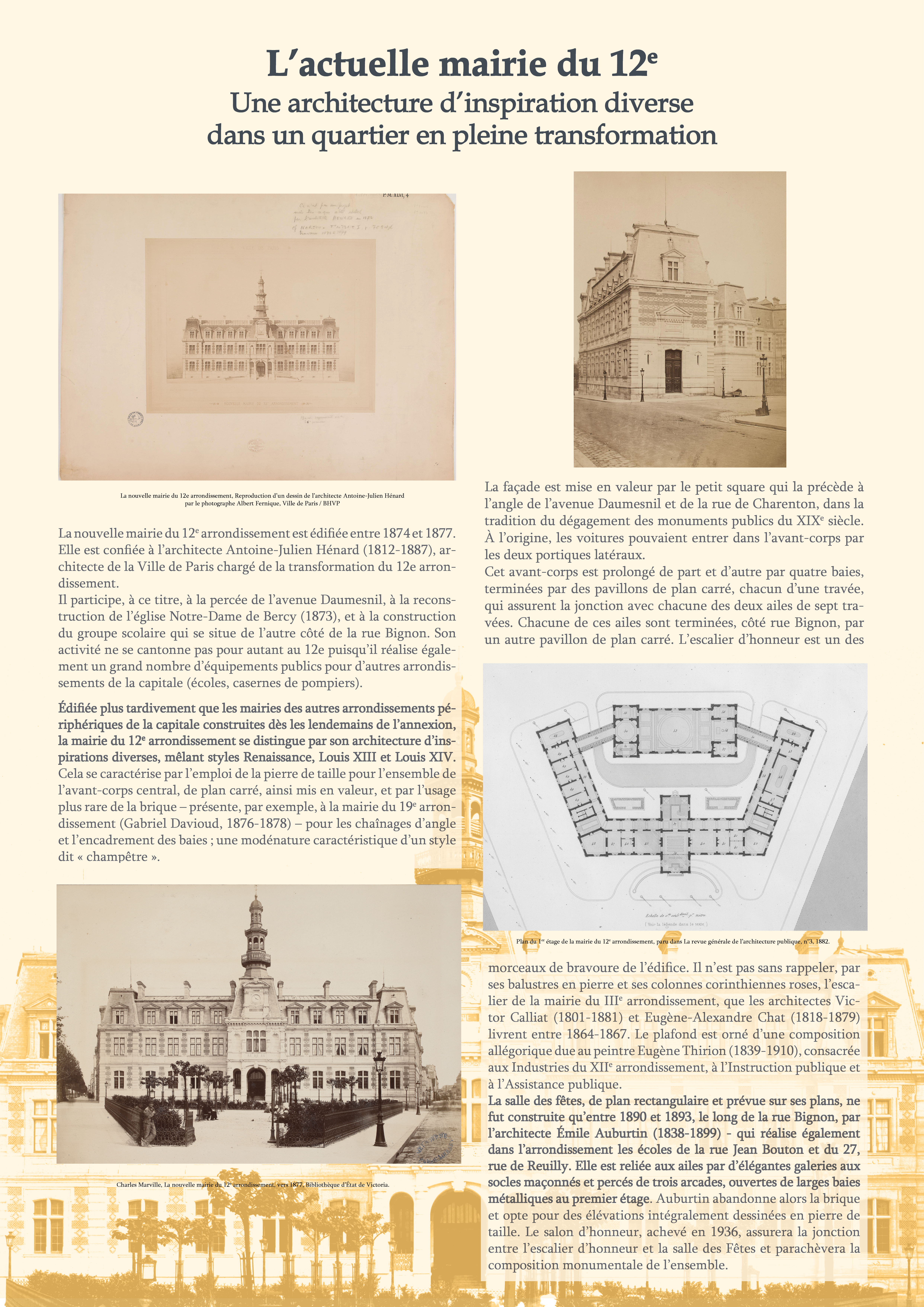 Panneaux retraçant l'histoire de la mairie du 12e, suite à l'incendie du 27 janvier.