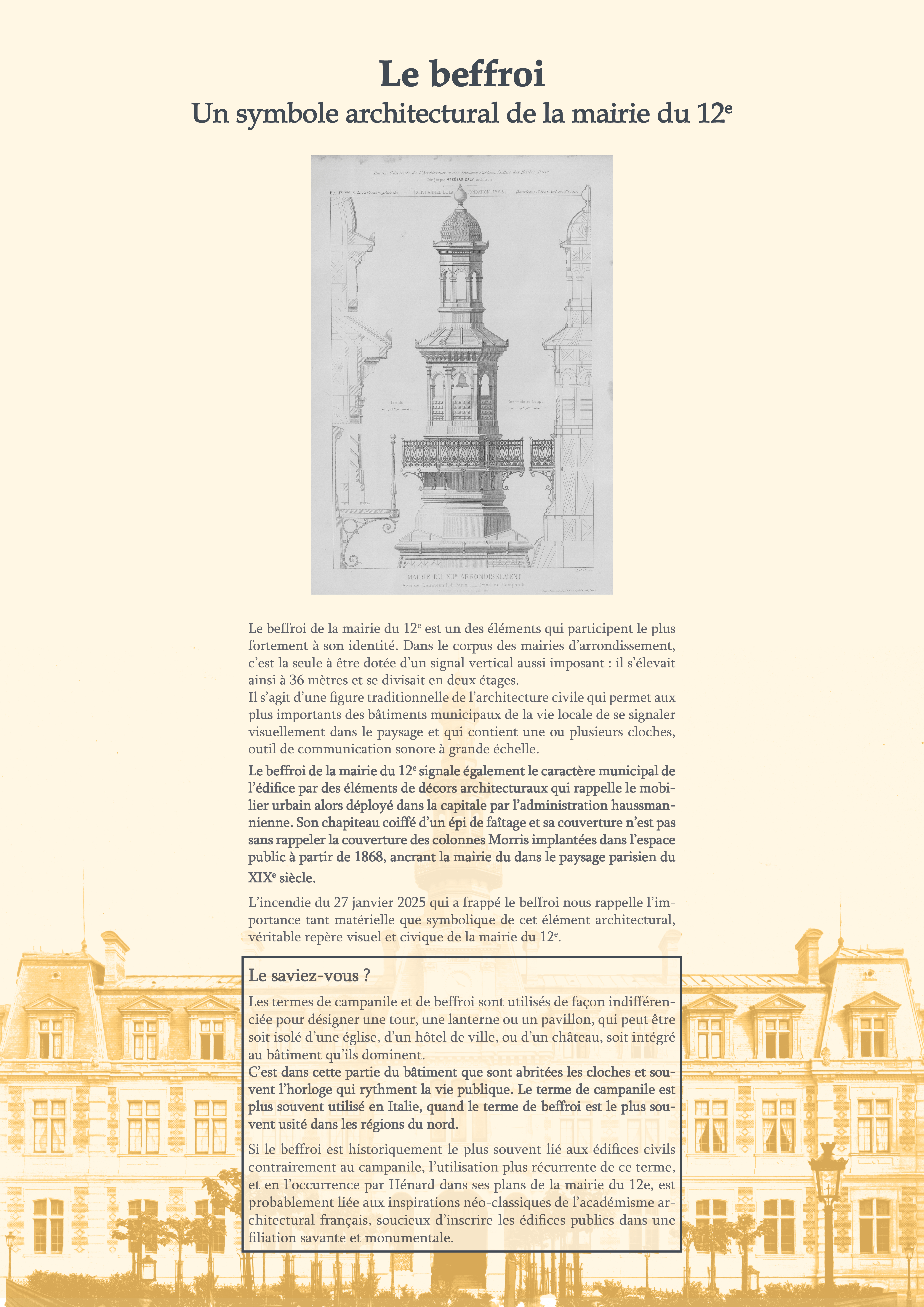 Panneaux retraçant l'histoire de la mairie du 12e, suite à l'incendie du 27 janvier.