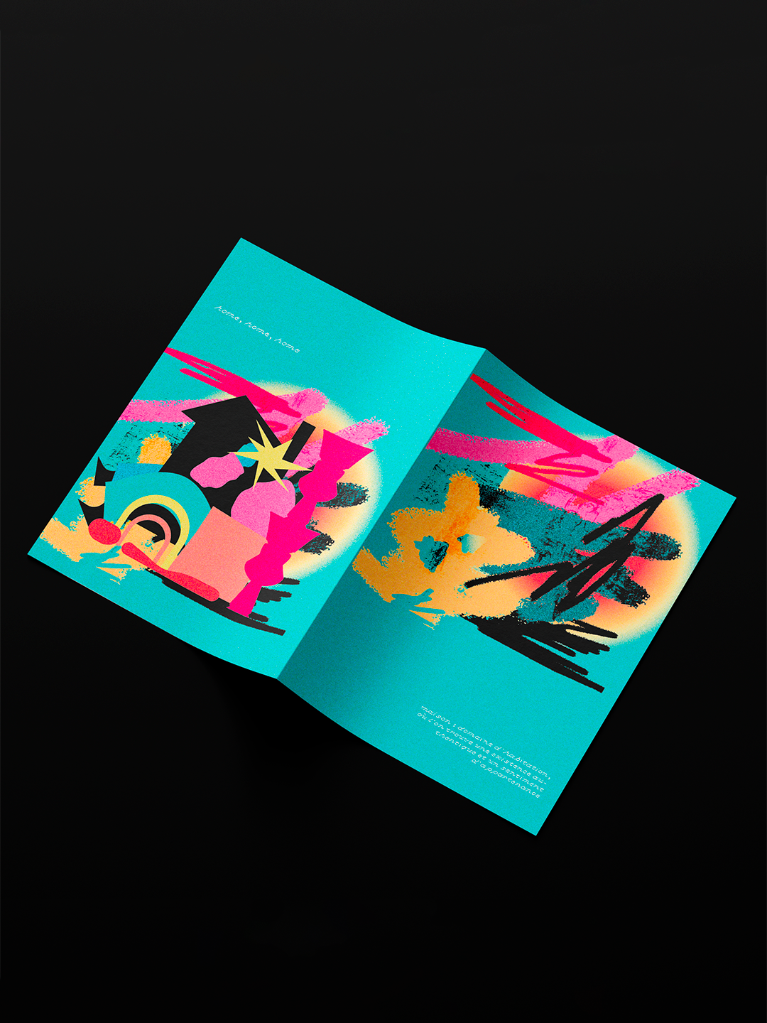 Carte recto verso turquoise, rose et jaune avec une illustration exterieur avec un personnage à tete d'etoile dans une maison. L'intérieur contient un passage du livre et nos visages de John Berger