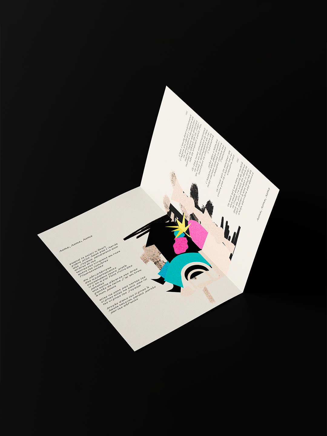 Carte recto verso turquoise, rose et jaune avec une illustration exterieur avec un personnage à tete d'etoile dans une maison. L'intérieur contient un passage du livre et nos visages de John Berger