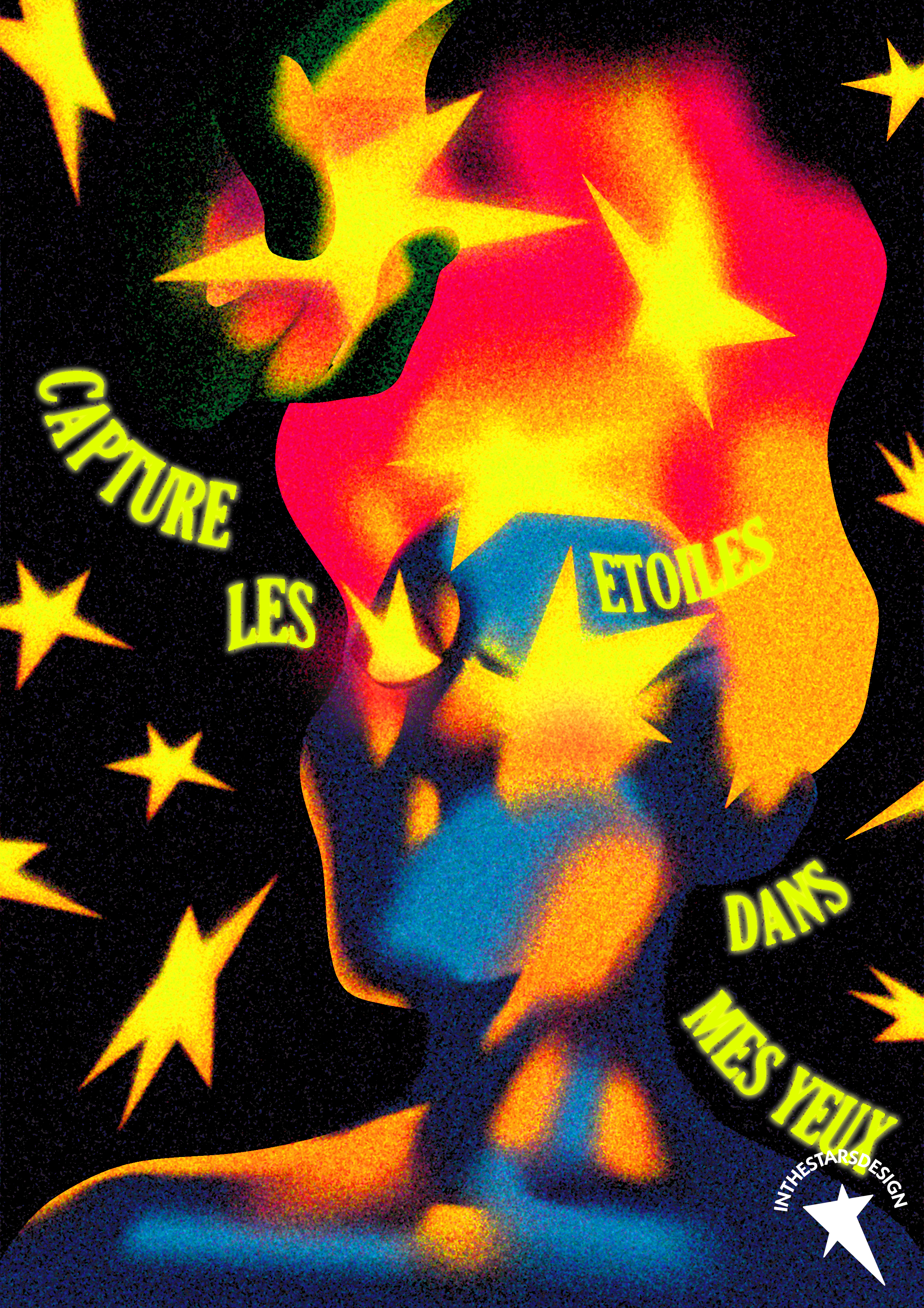 Illustration inspiré de la chanson 'Bergers d'étoiles' de Kahnji et Sodade. Les illustrations représentent une personne et des étoiles, le fond est noir et les couleurs sont le jaune rouge et bleu.