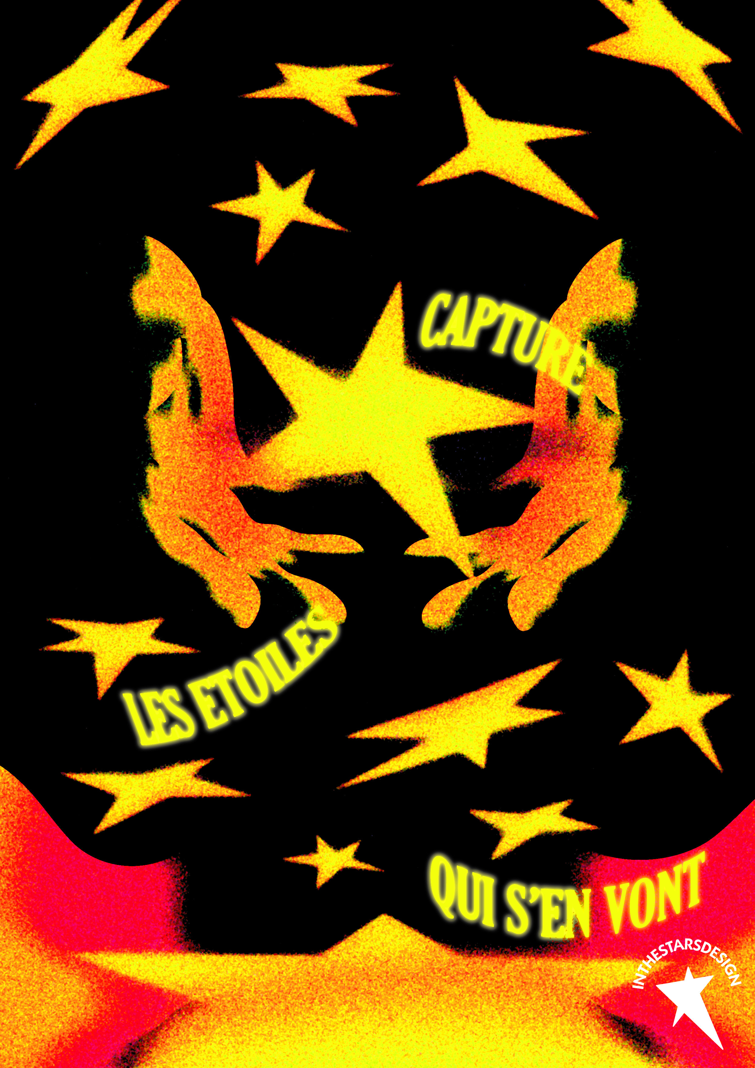 Illustration inspiré de la chanson 'Bergers d'étoiles' de Kahnji et Sodade. Les illustrations représentent une personne et des étoiles, le fond est noir et les couleurs sont le jaune rouge et bleu.