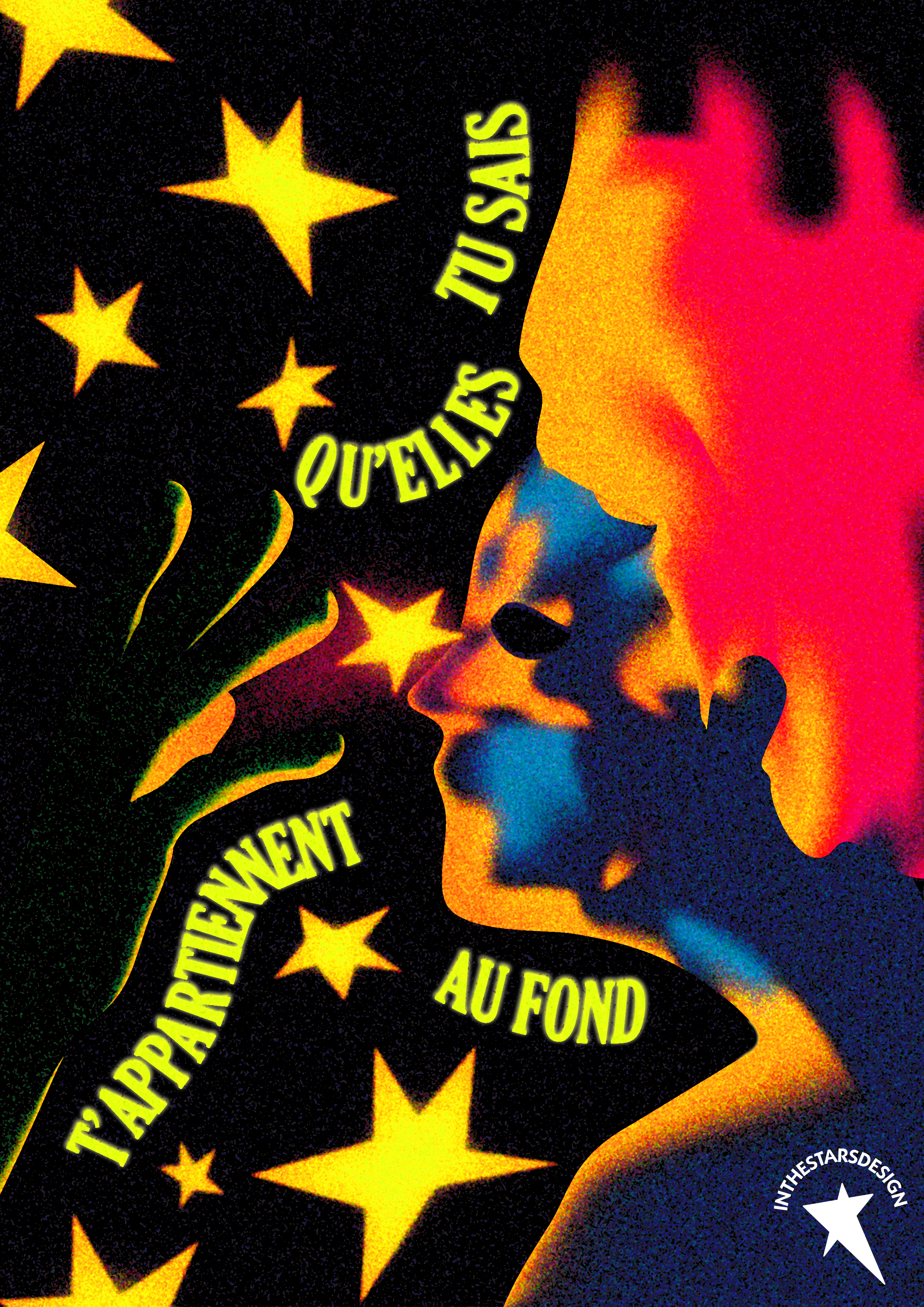 Illustration inspiré de la chanson 'Bergers d'étoiles' de Kahnji et Sodade. Les illustrations représentent une personne et des étoiles, le fond est noir et les couleurs sont le jaune rouge et bleu.