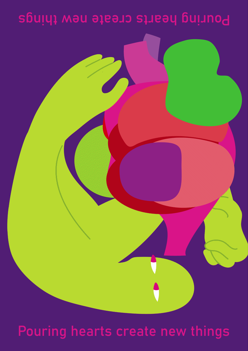 Animation de mon illustration 'Pouring hearts into creation'. Montrant le personnage en mouvement touchant le coeur de milieu creant par la suite une jointure entre les deux.