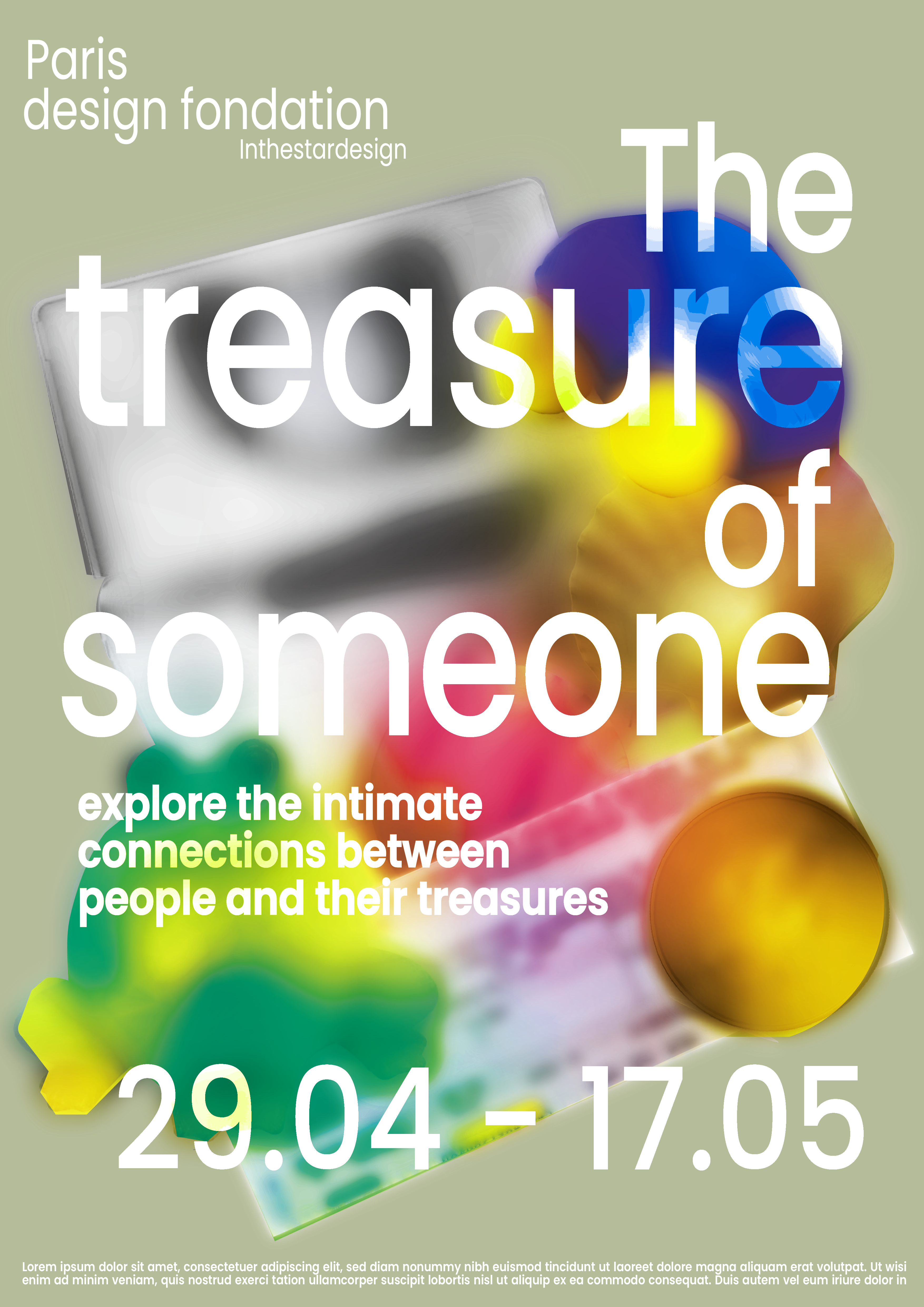 Affiche d'exposition imaginaire réalisé sur Illustrator, mettant en avant les objets précieux des personnes. Version jaune et bleu.