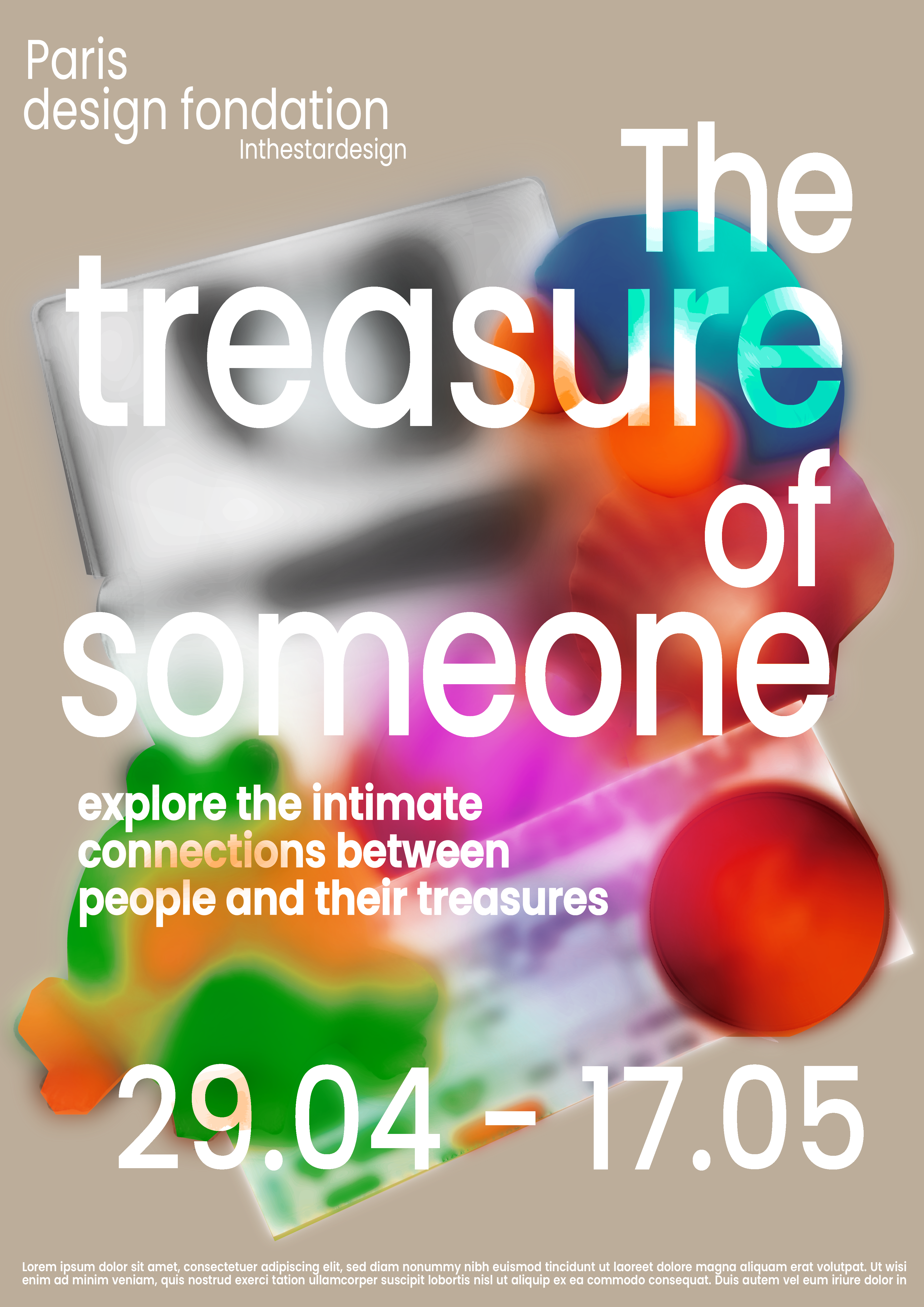 Affiche d'exposition imaginaire réalisé sur Illustrator, mettant en avant les objets précieux des personnes. Version orange et turquoise.