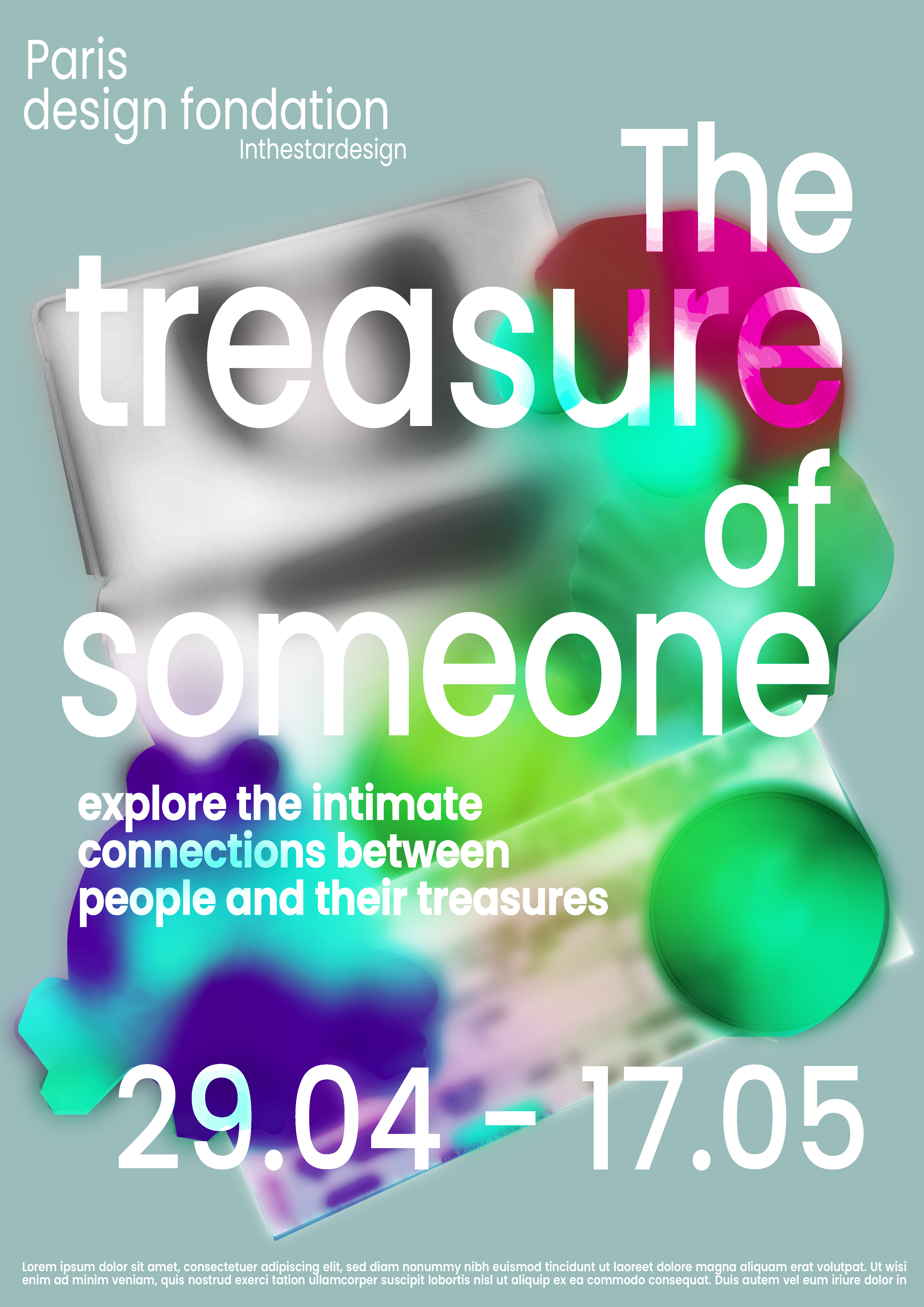 Affiche d'exposition imaginaire réalisé sur Illustrator, mettant en avant les objets précieux des personnes. Version violet et rose.