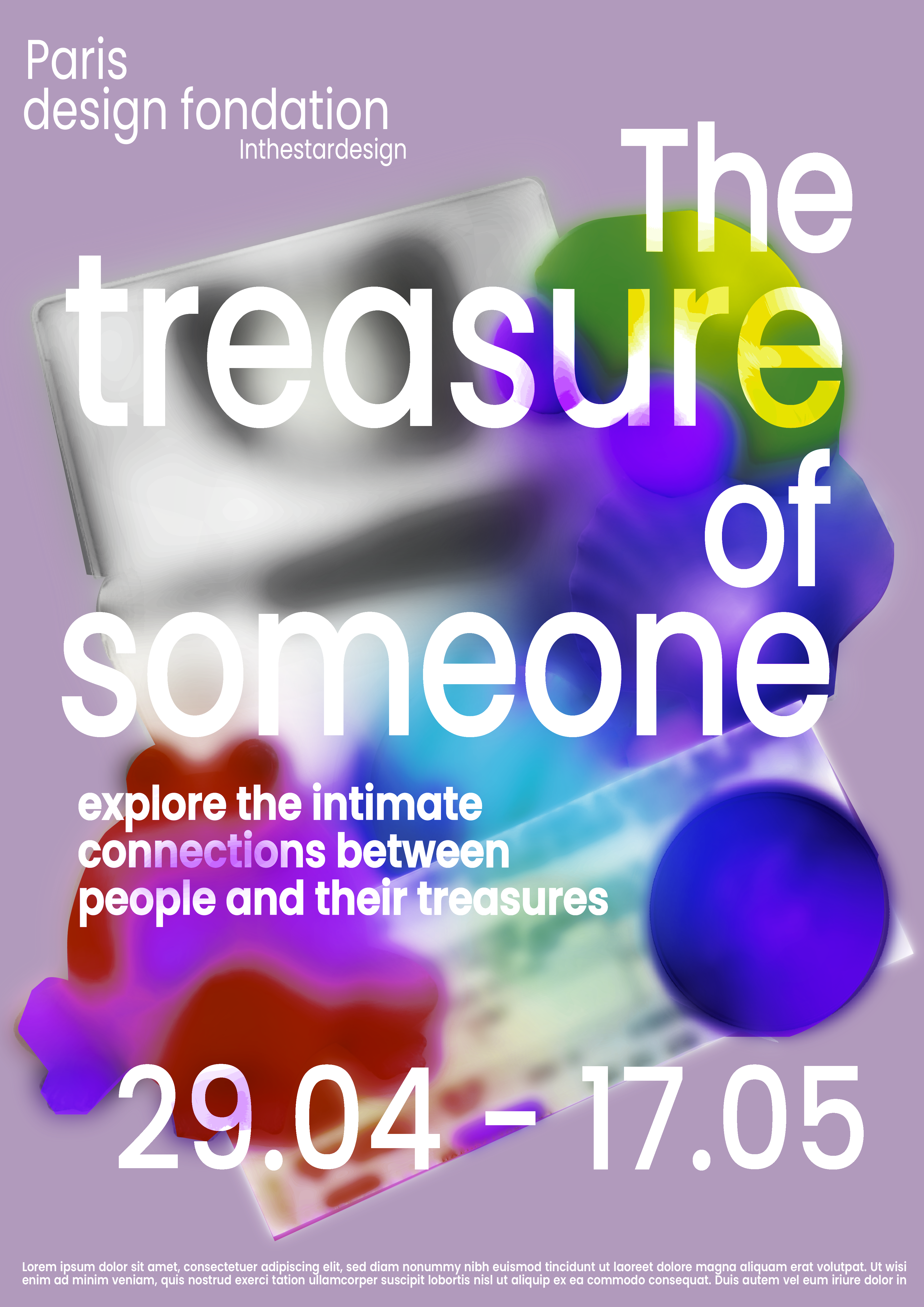 Affiche d'exposition imaginaire réalisé sur Illustrator, mettant en avant les objets précieux des personnes. Version violet et vert.