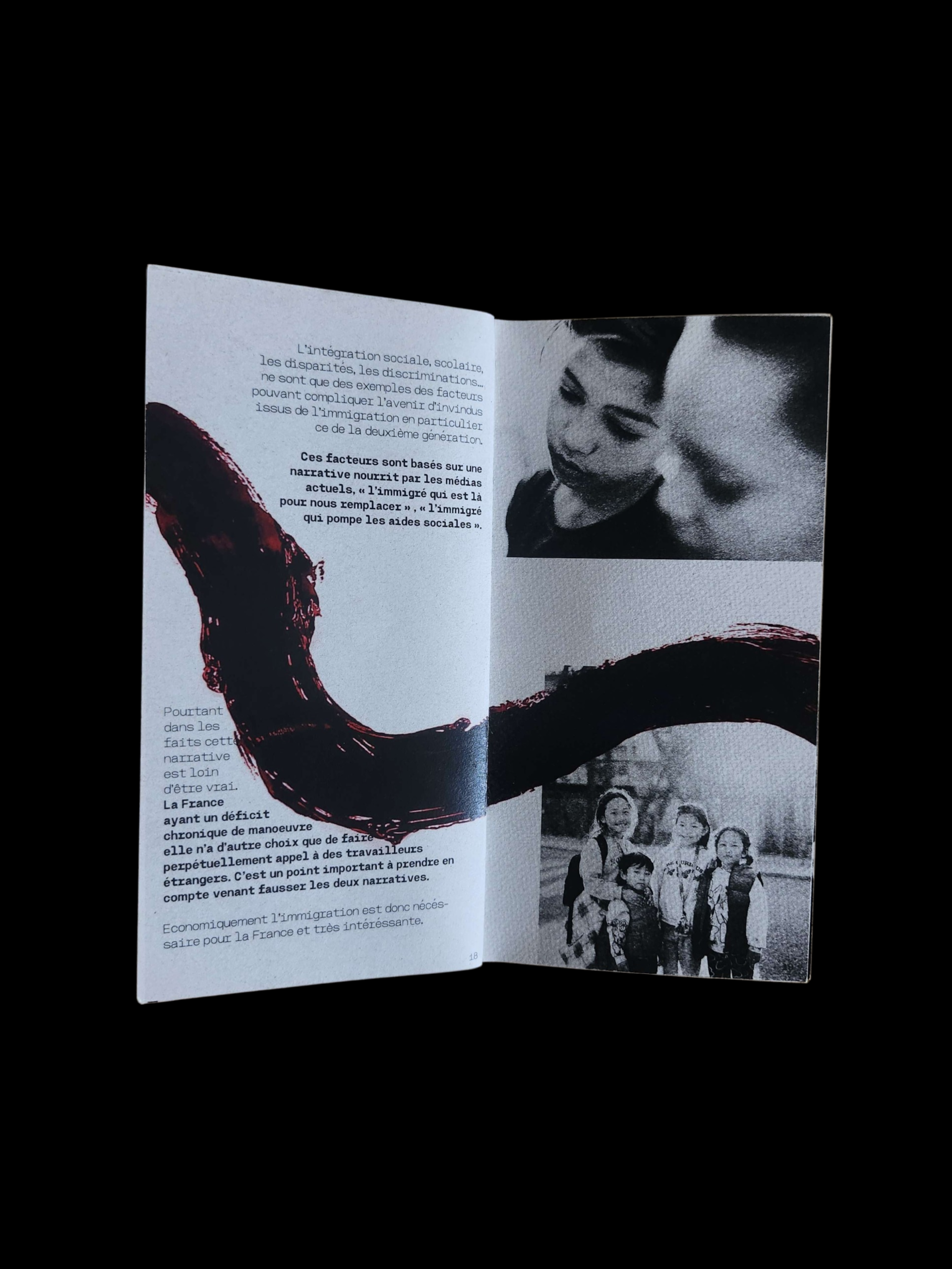 Projet de fanzine sur le sujet de notre choix. Je suis partie sur une remise en valeurs de l'immigration en partant sur l'axe des deuxième génération 'Enfants d'immigres conflit entre origine et nationalté'.