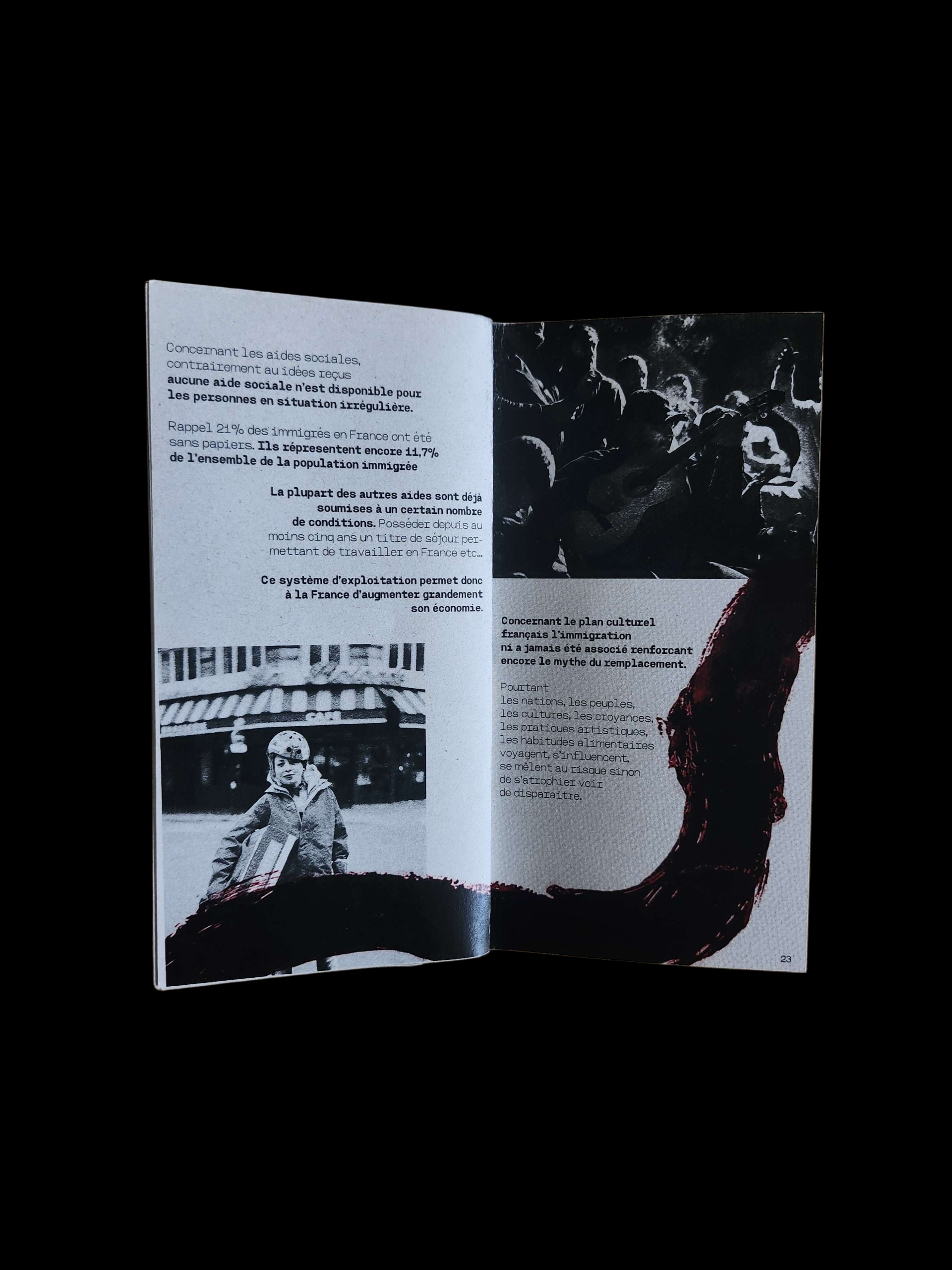 Projet de fanzine sur le sujet de notre choix. Je suis partie sur une remise en valeurs de l'immigration en partant sur l'axe des deuxième génération 'Enfants d'immigres conflit entre origine et nationalté'.