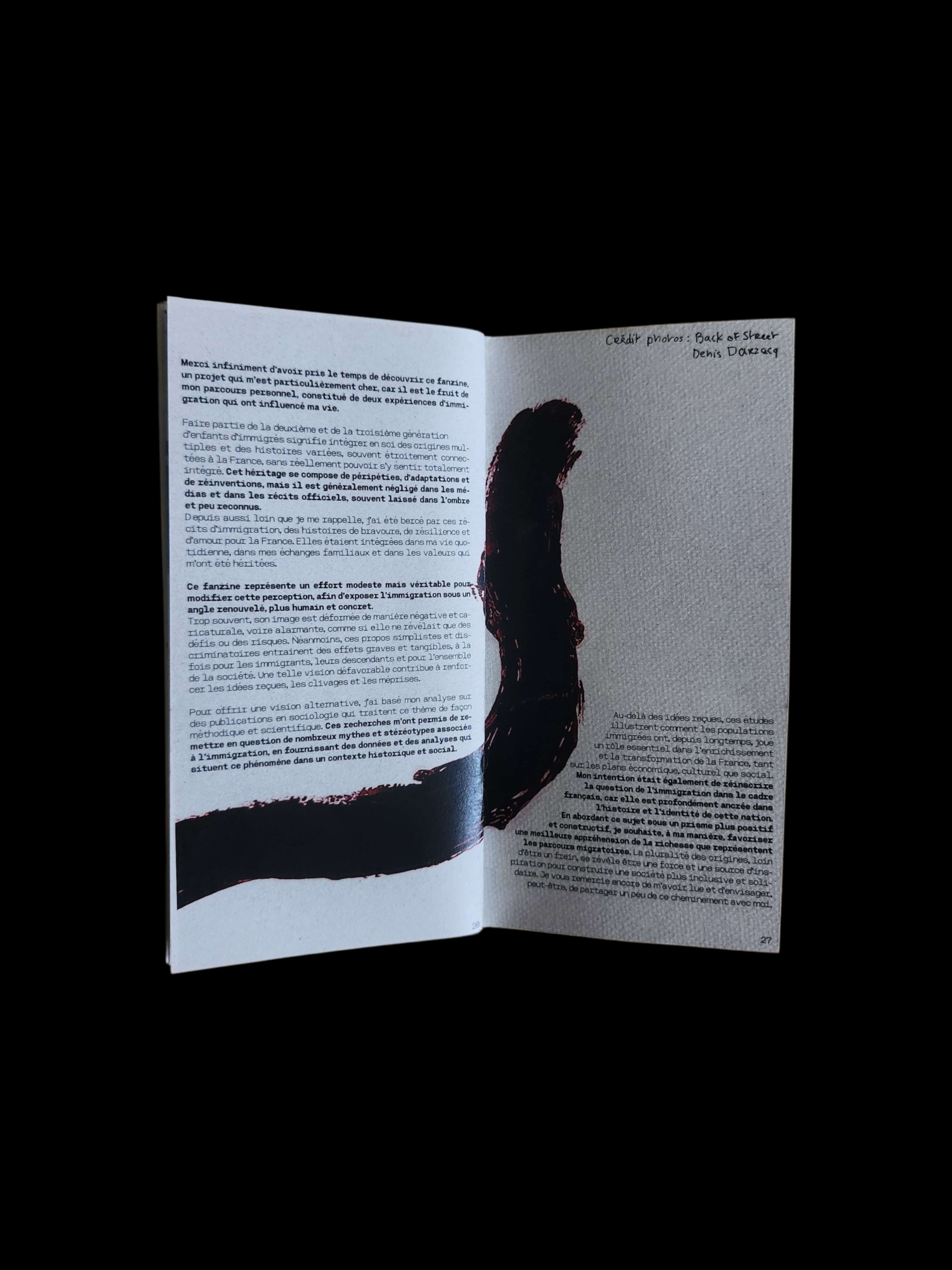 Projet de fanzine sur le sujet de notre choix. Je suis partie sur une remise en valeurs de l'immigration en partant sur l'axe des deuxième génération 'Enfants d'immigres conflit entre origine et nationalté'.