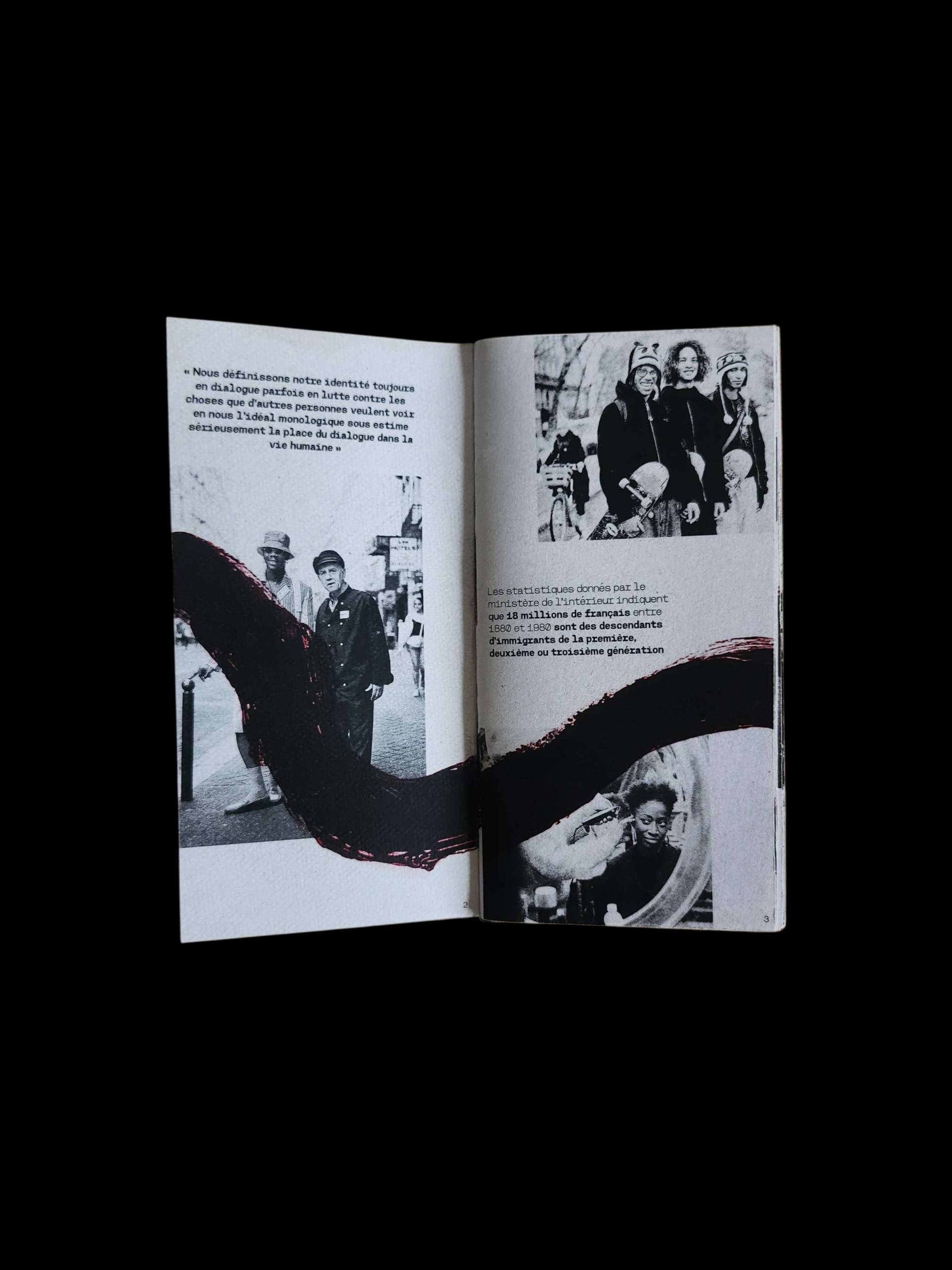 Projet de fanzine sur le sujet de notre choix. Je suis partie sur une remise en valeurs de l'immigration en partant sur l'axe des deuxième génération 'Enfants d'immigres conflit entre origine et nationalté'.