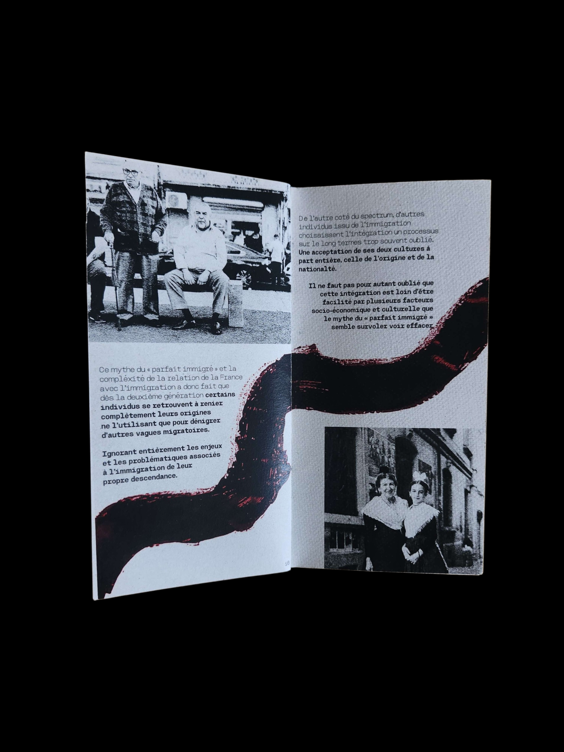 Projet de fanzine sur le sujet de notre choix. Je suis partie sur une remise en valeurs de l'immigration en partant sur l'axe des deuxième génération 'Enfants d'immigres conflit entre origine et nationalté'.